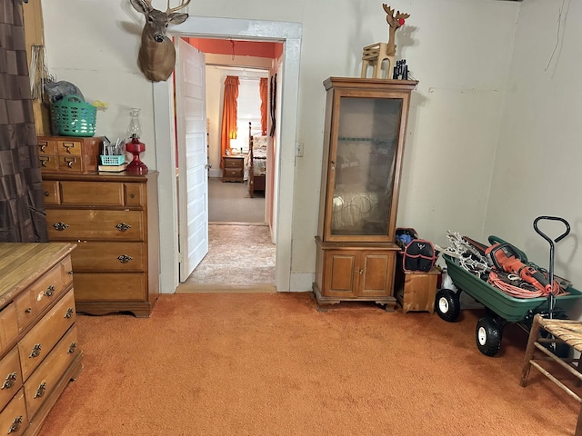 interior space featuring light colored carpet