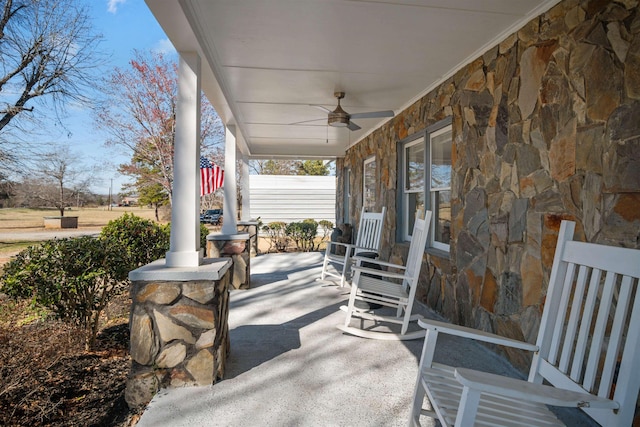 view of patio / terrace featuring covered porch and ceiling fan