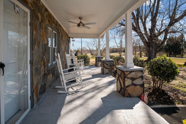 view of patio / terrace with a porch and a ceiling fan