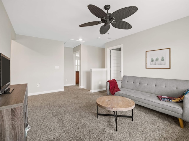 living area featuring a ceiling fan, baseboards, carpet flooring, and recessed lighting