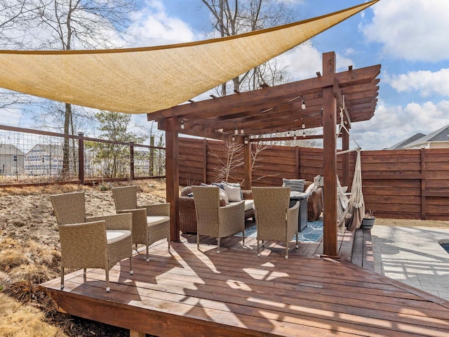 deck featuring an outdoor hangout area, a fenced backyard, and a pergola