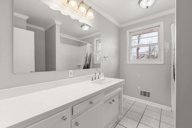 full bath featuring ornamental molding, visible vents, baseboards, and tile patterned floors