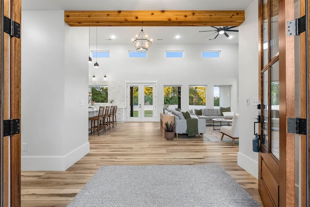 178 Cook, Chesnee, SC 29323 - entrance foyer featuring french doors, a high ceiling, beam ceiling, light wood-style floors, and baseboards