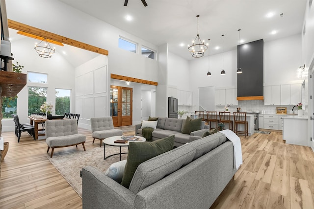 178 Cook, Chesnee, SC 29323 - living area with high vaulted ceiling, a chandelier, light wood-style flooring, recessed lighting, and a ceiling fan
