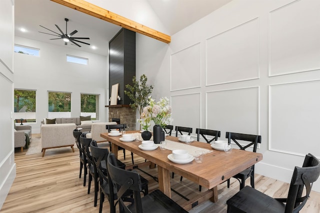 178 Cook, Chesnee, SC 29323 - dining room with high vaulted ceiling, a ceiling fan, a decorative wall, light wood-style flooring, and recessed lighting