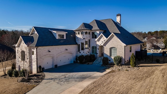 french country home featuring brick siding, a garage, driveway, and a chimney