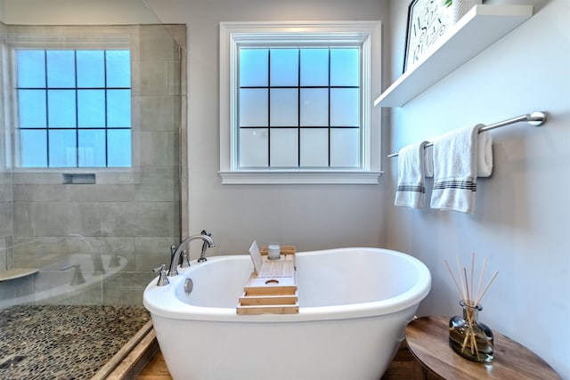 full bath featuring a stall shower and a freestanding tub