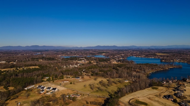 drone / aerial view featuring a water and mountain view