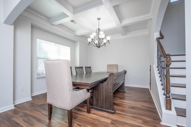 dining room featuring beam ceiling, visible vents, stairway, wood finished floors, and baseboards