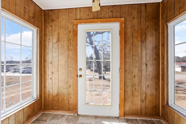 doorway to outside with wooden walls and a wealth of natural light