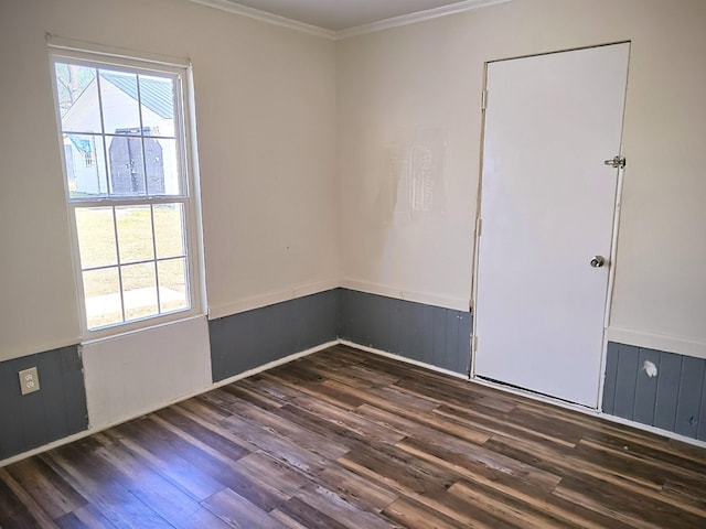 unfurnished room with dark wood-style floors, wainscoting, and plenty of natural light