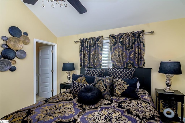 bedroom with lofted ceiling and ceiling fan