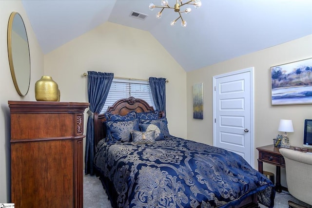 carpeted bedroom with lofted ceiling, visible vents, and a notable chandelier