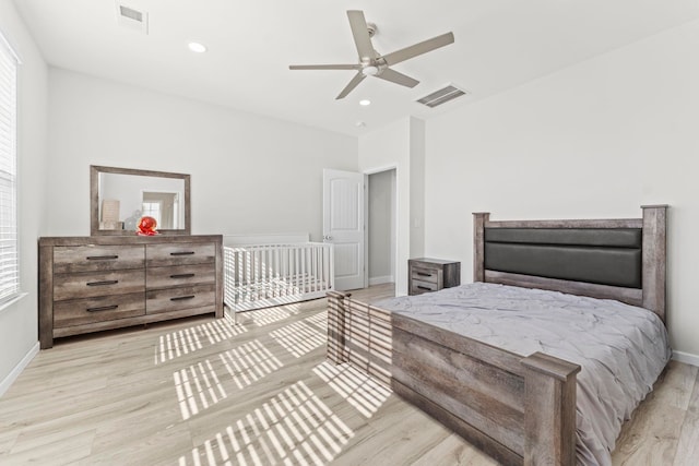 bedroom featuring recessed lighting, baseboards, visible vents, and light wood finished floors