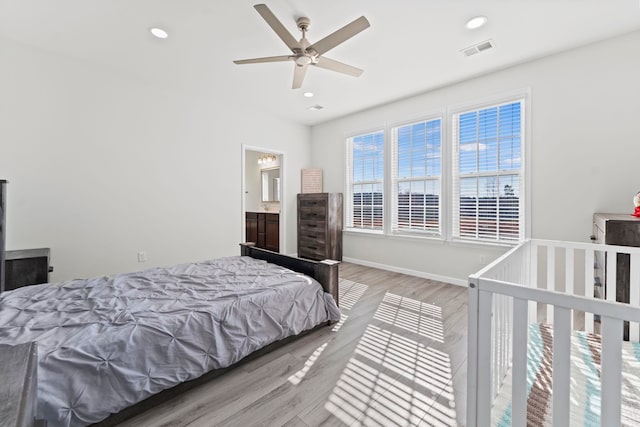 bedroom with visible vents, baseboards, light wood-style flooring, ceiling fan, and recessed lighting