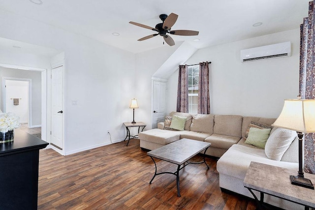 living room featuring baseboards, ceiling fan, dark wood-type flooring, an AC wall unit, and recessed lighting