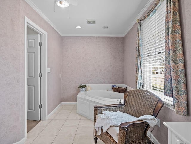 sitting room featuring light tile patterned floors, baseboards, visible vents, and crown molding