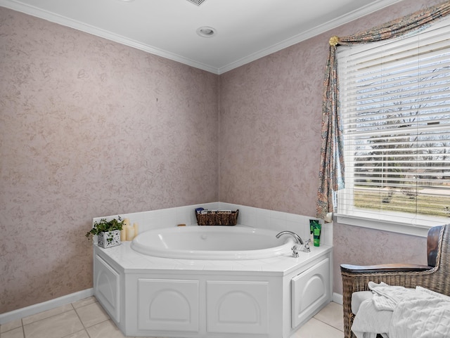 full bath featuring tile patterned flooring, a garden tub, and wallpapered walls