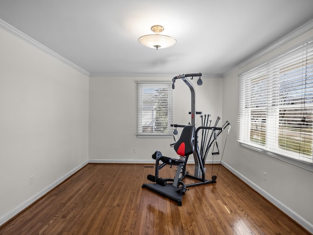 workout room with ornamental molding, wood finished floors, and baseboards