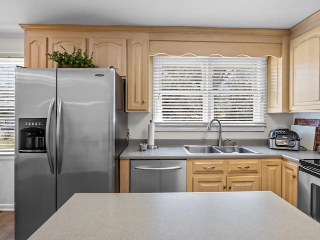 kitchen with light brown cabinetry, appliances with stainless steel finishes, a sink, and light countertops