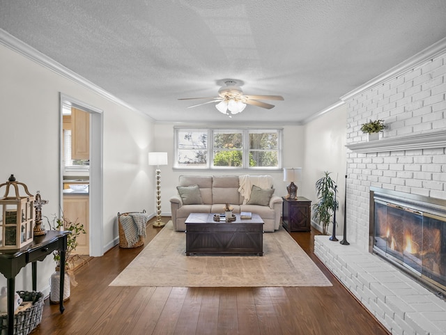 living room with dark wood-type flooring, crown molding, and a textured ceiling