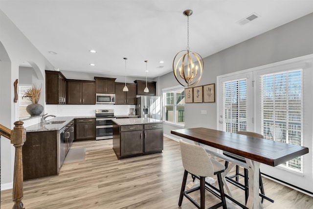 kitchen featuring visible vents, appliances with stainless steel finishes, a sink, a kitchen island, and dark brown cabinets