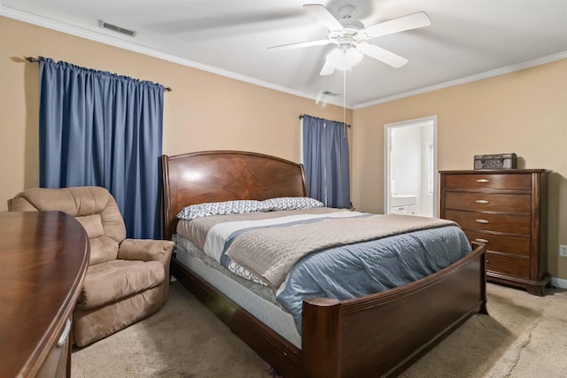 bedroom featuring ceiling fan, visible vents, ornamental molding, and light colored carpet