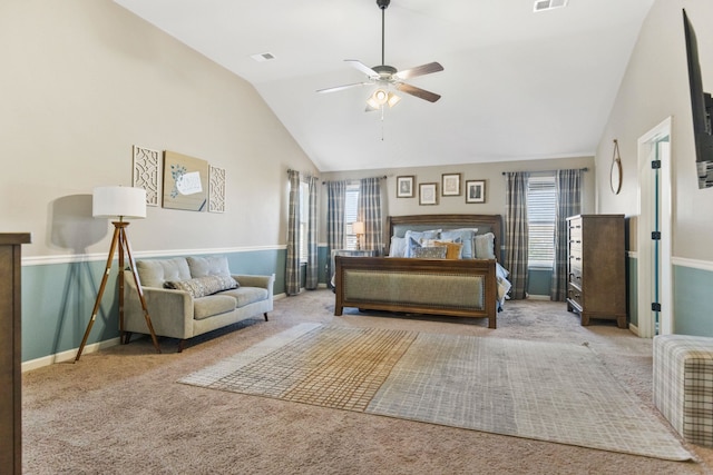 bedroom with carpet floors, baseboards, visible vents, and a ceiling fan