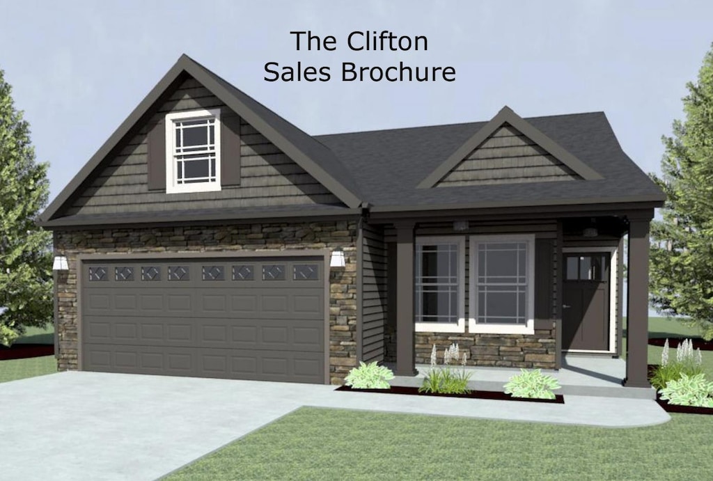 view of front of house with a front lawn, stone siding, and concrete driveway