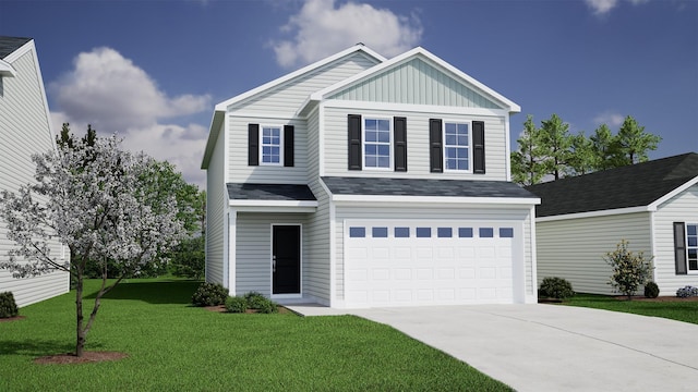 view of front of property featuring a garage, driveway, a front lawn, and board and batten siding