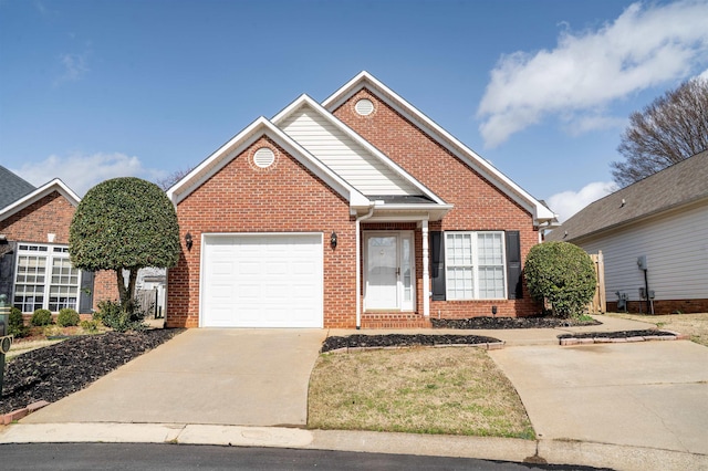 view of front facade featuring concrete driveway, brick siding, and an attached garage