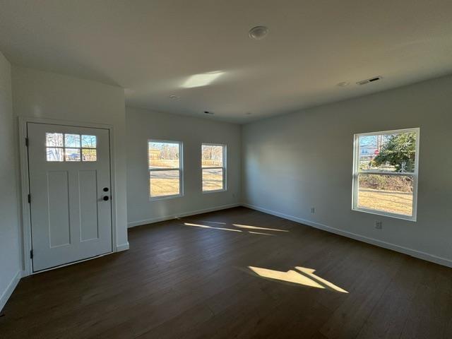 entrance foyer featuring dark wood finished floors, baseboards, and a wealth of natural light