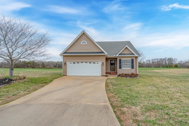 view of front of property featuring concrete driveway, a garage, a front yard, and a shingled roof