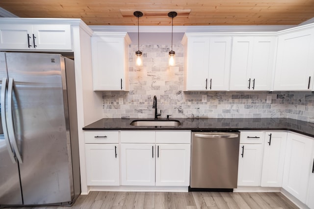 kitchen with a sink, appliances with stainless steel finishes, white cabinets, and wood ceiling