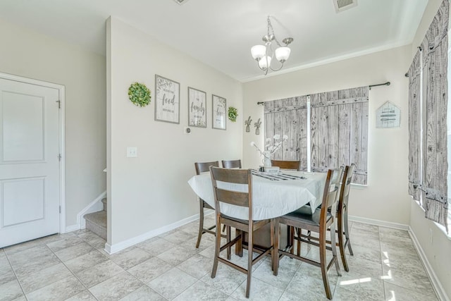 dining space with a chandelier, stairway, visible vents, and baseboards