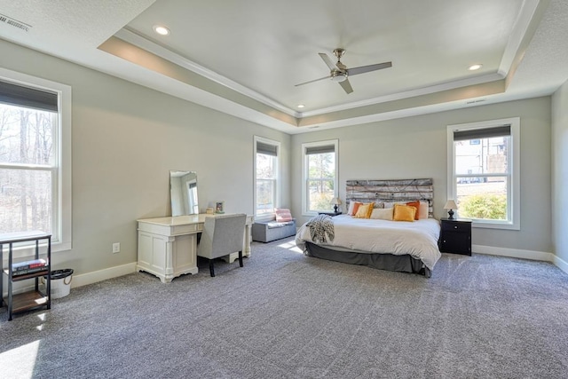 bedroom with visible vents, baseboards, carpet, and a tray ceiling