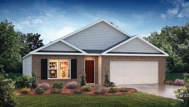 craftsman-style home with concrete driveway, an attached garage, and brick siding