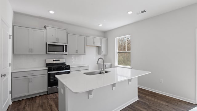 kitchen featuring visible vents, dark wood-type flooring, a center island with sink, stainless steel appliances, and a sink