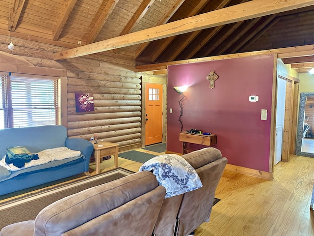 living area with beam ceiling, high vaulted ceiling, light wood-style flooring, wooden ceiling, and log walls