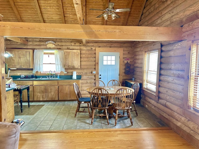 dining room featuring light wood finished floors, lofted ceiling with beams, ceiling fan, wooden ceiling, and rustic walls