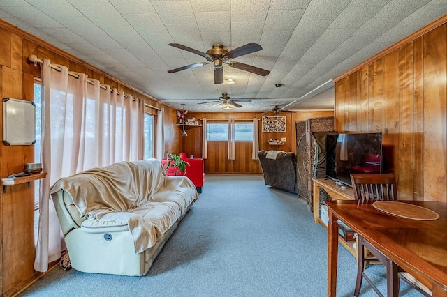 living area with carpet and wooden walls