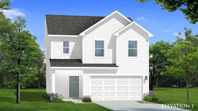 traditional home featuring an attached garage, driveway, a shingled roof, and a front lawn