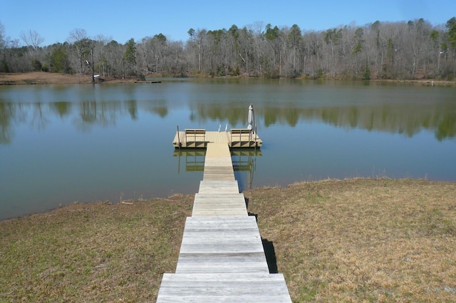 dock area with a forest view and a water view