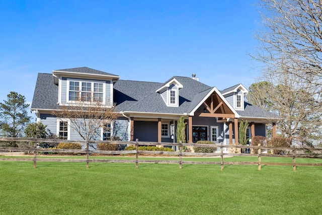 view of front facade with a front lawn and a shingled roof