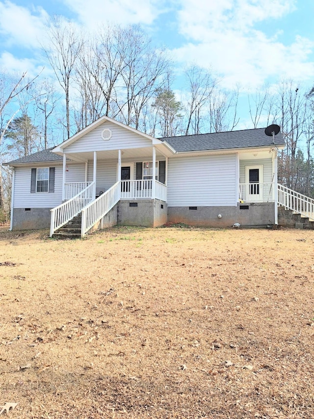 single story home with crawl space and a porch