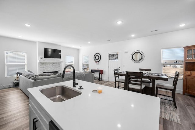 kitchen featuring a wealth of natural light, wood finished floors, and a sink