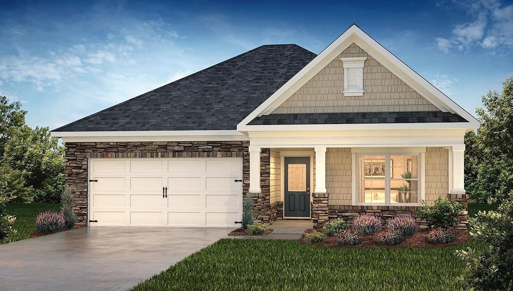 craftsman-style house featuring driveway, stone siding, covered porch, roof with shingles, and an attached garage