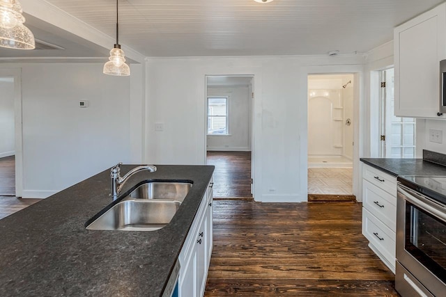 kitchen featuring a sink, stainless steel electric range oven, dark wood finished floors, and white cabinets