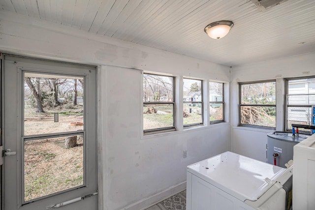 laundry room with laundry area, washer / clothes dryer, wood ceiling, and baseboards