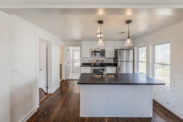 kitchen featuring dark countertops, dark wood-type flooring, an island with sink, appliances with stainless steel finishes, and white cabinets